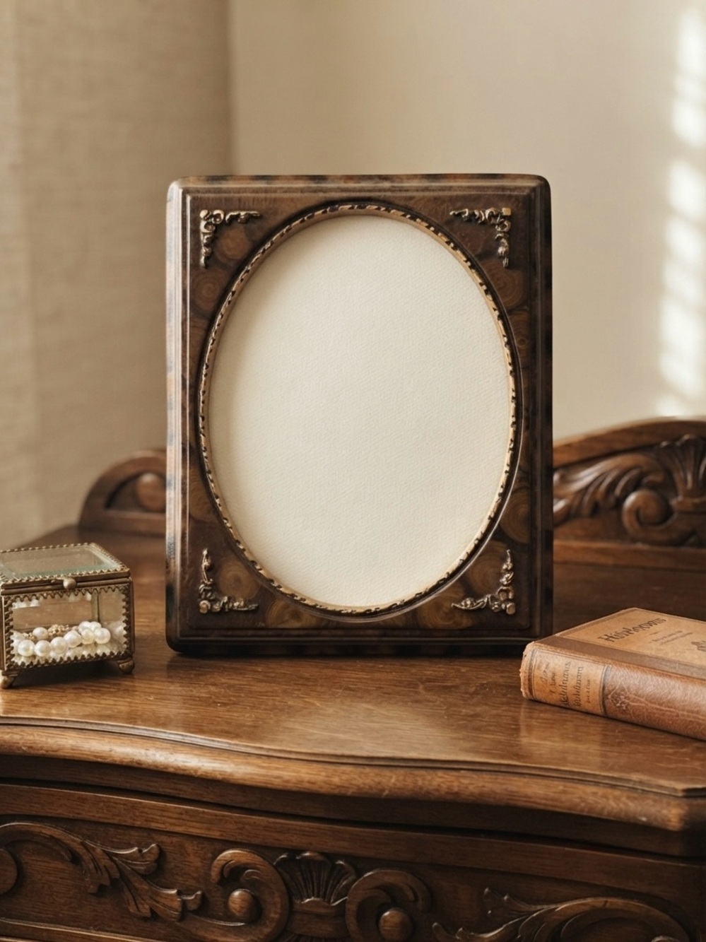 Vintage Style Ornate Oval Picture Frame Brown Tortoise Gold Accents